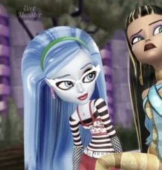 two cartoon characters one with blue hair and the other wearing striped clothes, are standing next to each other