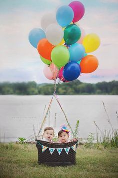 two babies in a basket with balloons floating over the water and grass on the ground