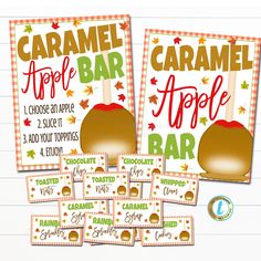 the caramel apple bar sign is shown with four different signs in front of it