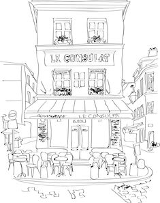 a black and white drawing of a restaurant