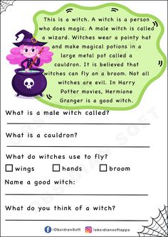 a halloween themed worksheet with an image of a witch in a cauldon