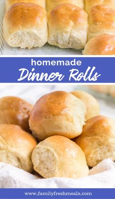 homemade dinner rolls in a basket with text overlay