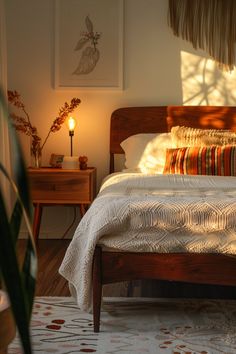 a bed sitting in a bedroom next to a table with a lamp on top of it