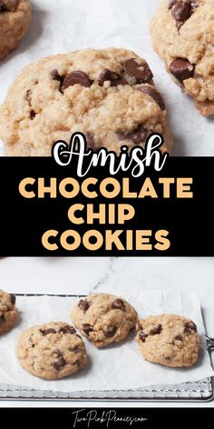 Text that says Amish Chocolate Chip Cookies above and below the text are images of chocolate chip cookies. Amish Desserts, Soft Chocolate Chip Cookie, Amish Cookies, Amish Bakery, Mennonite Recipes, Bake Sale Recipes, Chocolate Chip Cookies Recipe, Soft Chocolate Chip Cookies, Pudding Cookies