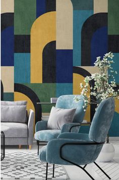 a living room filled with furniture and walls painted in different shades of blue, green, yellow