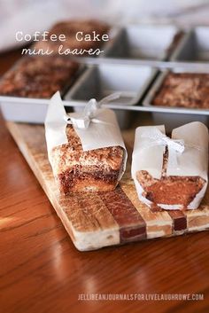 baked goods displayed on wooden cutting board with words coffee cake mini leavers in background