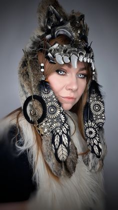 Tribal Grey Wolf Faux Fur Headdress