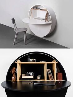 two different views of an office desk with bookshelf and chair in the middle