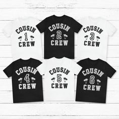 You'll love these simple beach-themed cousin crew shirts, perfect for all sizes from baby to adult! They can be customized with a number to signify birth order from oldest to youngest and colors can be mixed and matched. A great choice for family vacations, family reunions, and beach getaways. T-SHIRT FABRIC COMPOSITION 100% Cotton T-SHIRT SIZING *Retail Sizing *Unisex Sizing- Please note that these shirts are unisex size. *Please refer to the size chart measurement photos to select to correct size. If you are having problems choosing a size, lay your favorite shirt at home flat and measure armpit to armpit to compare to the size chart in the photos. Feel free to message me if you have any questions about sizing. HOW TO PLACE AN ORDER 1. View size charts before you place your order. 2. Sel Cotton Letter Print T-shirt For Family Vacation, Black Crew Neck Top For Family Vacation, Personalized Family Matching T-shirt For Summer, Personalized Family T-shirt For Summer, Graphic Tee Crew Neck Top For Family Vacation, Graphic Tee With Crew Neck For Family Vacation, Relaxed Fit Family Matching Tops For Vacation, Customizable Cotton Vacation Tops, White Graphic Tee For Family Vacation