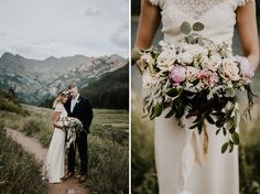 the bride and groom are standing in front of mountains with their bouquets on them