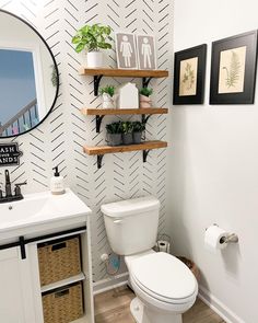 a white toilet sitting in a bathroom next to a sink and a wooden shelf filled with potted plants