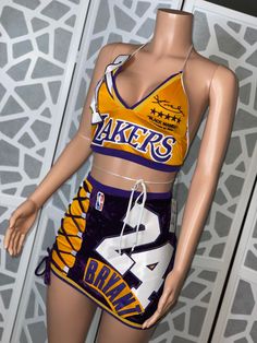 Custom Lakers Jersey two piece set Reworked Jersey, Jersey Party Outfit, Lakers Dress, Jordans Outfit Women, Basketball Player Costume, Lakers Outfit, Basketball Game Outfit Women, Jordan Year, Basketball Game Outfit