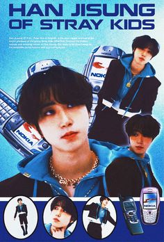 an advertisement for cell phones with young men in the background and text that reads han jisung of stray kids