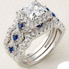 Round Cut Blue Sapphire Ring Set Women Wedding Jewelry Luxury White Gold Sapphire Ring With Cubic Zirconia, Rings Set For Women, Wedding Rings Set, Mothers Day Rings, Sterling Silver Wedding Rings, Engagement Wedding Ring Sets, Princess Cut Rings, Matching Wedding Bands, Luxury Bridal