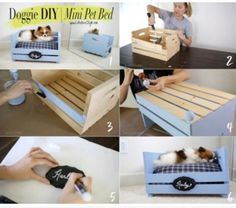 the instructions for making a dog bed with crates and drawers are shown in multiple pictures