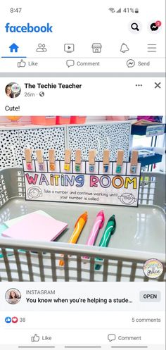 the facebook page is showing an image of a desk with pens, markers and notebooks