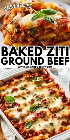 baked ziti and ground beef casserole in a white dish with basil leaves on top