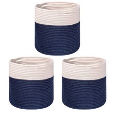 three blue and white baskets with handles on each side, one has a rope wrapped around it