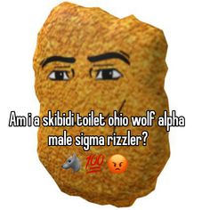 a face made out of bread with the words am i a skiti toilet oh wolf alpha male stigma rizzle?