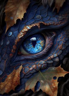 the eye of a blue dragon is seen in this close up photo, with leaves surrounding it