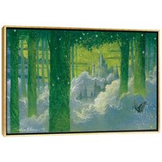 a painting of a castle in the middle of a forest with lots of green trees