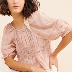 Feminine Short Sleeve Peasant Top For Daywear, Pink Bohemian Top With Puff Sleeves, Pink Bohemian Puff Sleeve Tops, Pink Bohemian Tops With Puff Sleeves, Feminine Fitted Short Sleeve Peasant Top, Mid Size Outfits, Outfit Ideas Spring, Creative Clothes, Babydoll Blouse