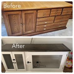 before and after photos of a microwave cabinet