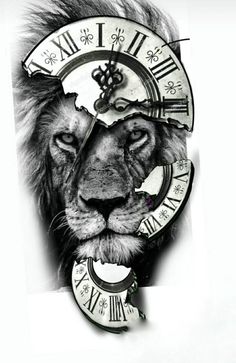 a black and white photo of a lion with a clock on it's face