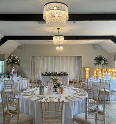 a banquet room set up for a formal function