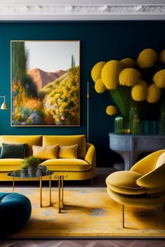 a living room filled with yellow and blue furniture next to a painting on the wall