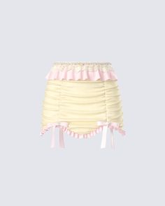 Gotta look out for the innocent looking ones 💕 Made from georgette fabric with a satin and lace trim, draped hemline shape, and a satin bow + pearl trim - this pastel mini skirt is designed for all our coquette babes 😜 Side Ruffle Skirt, Coquette Skirt, Short Ruffle Skirt, Pastel Clothes, Pastel Mini, Pastel Skirt, Ruffled Mini Skirt, Sparkle Skirt, Pastel Outfit