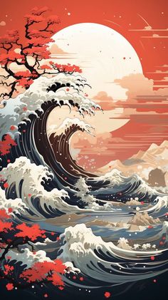 a painting of an ocean wave with red leaves on it