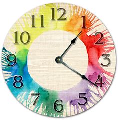 a multicolored clock with numbers on the face and hands painted in different colors