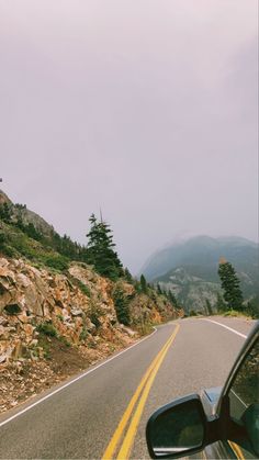 a car driving down a mountain road next to a forest filled with lots of trees