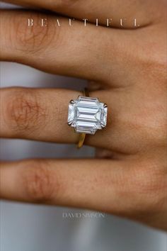 EMERALD CUT THREE STONE DIAMOND ENGAGEMENT RING Engagement Ring Christmas, Emerald Cut Moissanite Ring, Emerald Ring Engagement Diamond, Three Stone Diamond Rings Engagement, Surprises For Her, Christmas Surprise, 3 Stone Engagement Rings, Emerald Cut Moissanite