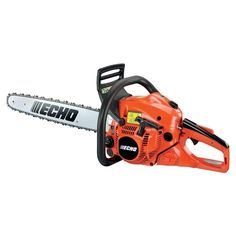 an orange chainsaw with the word echo on it's front and back end