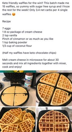 the recipe for waffles is shown in three different pictures