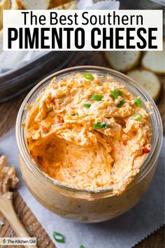 A jar of creamy pimento cheese topped with chopped green onions on a wooden surface, with crackers and a wooden spoon in the background. The text reads "The Best Southern Pimento Cheese" at the top. Pimento Cheese Ball Recipe, Easy Pimento Cheese Recipe, Best Pimento Cheese Recipe, Pimento Cheese Recipe Easy, Easy Pimento Cheese, Pimento Cheese Appetizer, Best Pimento Cheese, Sweet Appetizers