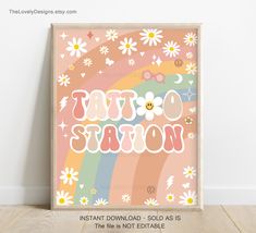 an art print with the words glory classes in rainbows and daisies on it