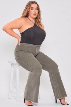 Step up your vintage style in our Women's Plus Corduroy Flare. These bell-bottom pants are in a textured corduroy and flare silhouette. Designed slim in the hips and thighs, as well as with a high-rise and a seam behind the knee for an extra flattering fit. Featuring a frayed hem to spice things up! We love these styled with a band tee and sneakers for a trendy look or a sweater vest and booties.Product Details- High-Rise - 1-Button Closure with Zipper - 5 Pocket Construction- Flare Silhouette S Stretch Flare Corduroy Bottoms, Stretch Corduroy Flare Bottoms, Stretch Corduroy Full Length Bottoms, Stretch Full Length Corduroy Bottoms, Fitted Corduroy Wide Leg Bottoms, Corduroy Flare Pants, Ymi Jeans, Summer Jeans, Bell Bottom Pants