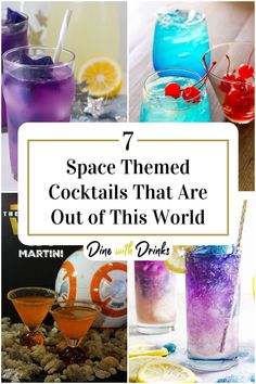 Collage of 4 space themed cocktails. Alien Themed Cocktails, Space Themed Mocktails, Rocket Fuel Punch Space Party, Themed Cocktails Recipes, Space Cocktails, Peace Out Party, Cosmic Cocktails, Space Themed Food, Computer Theme