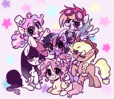 some little ponys are standing together in front of stars