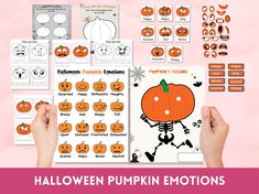 the halloween pumpkin emotions worksheet is shown with hands holding up an orange pumpkin