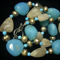 Blue Chalcedony, Rutilated Quartz, Pearl, Turquoise, Silver Necklace Luxury Turquoise Chalcedony Jewelry, Turquoise Faceted Bohemian Jewelry, Turquoise Faceted Amazonite Jewelry, Faceted Turquoise Amazonite Jewelry, Elegant Amazonite Jewelry With Faceted Beads, Elegant Turquoise Necklace With Natural Stones, Unique Turquoise Necklaces With Faceted Beads, Elegant Turquoise Necklace With Faceted Beads As Gift, Turquoise Faceted Necklaces For Jewelry Making