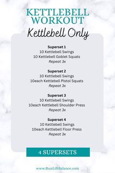 Having just a single kettlebell can give you a great workout. Below you will find a great kettlebell workout. This particular workout includes four supersets each repeated three times. All supersets include kettlebell swings. Kettlebell swings are a great exercise. They are considered a full body strength workout and also have a cardio component. All the benefits of the perfect exercise.  ... less Kettlebell Superset Workout, Kettlebell Workout For Runners, Benefits Of Kettlebell Workouts, 10 Minute Kettlebell Workout, Full Body Kettle Bell Workout For Women, Functional Kettlebell Workout, Kettlebell Swing Benefits, Full Body Kettlebell Workout Fat Burning, Single Kettlebell Workout