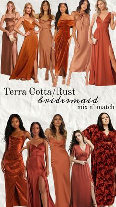 several women in different dresses posing for the camera, with text overlay that reads terra cota rust bridesmaid mix n match