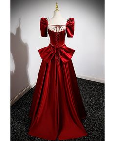 Get 10% off now! Buy formal burgundy satin aline long evening dress square neck with big bow in back at cheap price online. Free stable shipping and pro custom service since 2009. Elegant Fitted Ball Gown With Satin Bow, Evening Satin Ball Gown With Corset Back, Evening Ball Gown With Corset Back In Satin, Elegant Square Neck Satin Dress For Prom, Satin A-line Evening Dress With Corset Back, Elegant Satin Ball Gown With Corset Back, Square Neck Evening Dress For Prom Banquet, Fitted Ball Gown With Bow For Party, Square Neck Evening Dress For Banquet And Prom Season