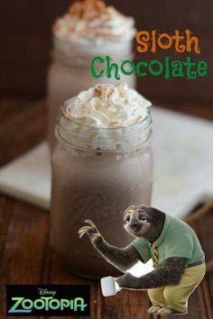 there is a sloth chocolate drink with whipped cream in it