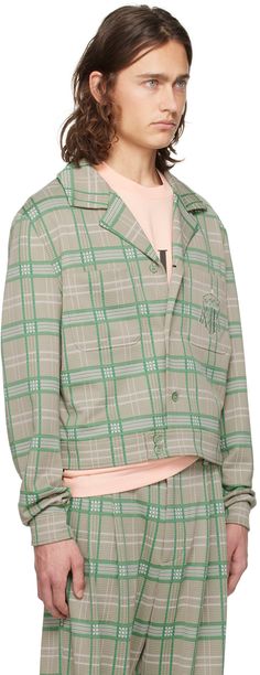 Stretch nylon-blend flannel jacket. Check pattern throughout. · Notched lapel · Button closure · Logo graphic embroidered at patch pocket · Patch pockets at front · Button tab at hem · Two-button barrel cuffs · Welt pocket at interior · Full twill lining Supplier color: Green multi Green Collared Outerwear With Patch Pockets, Green Collared Outerwear With Welt Pockets, Green Plaid Jacket, Flannel Jacket, Plaid Jacket, Green Plaid, Mens Outerwear, Green Jacket, Check Pattern