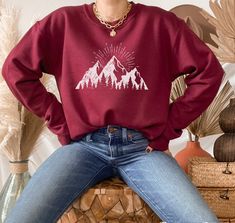 Boho Mountain Sunburst Hiking Sweater Mountain Landscape | Etsy Boho Mountain, Hiking Clothes, Boo Shirts, Nature Hiking, Pug Mom, Ghost Shirt, Halloween Tees, Halloween Sweatshirt, Hiking Outfit